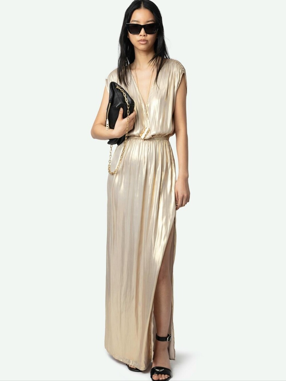 Zadig & Voltaire Ritmic gold satin dress maxi metallic goddess draped size large